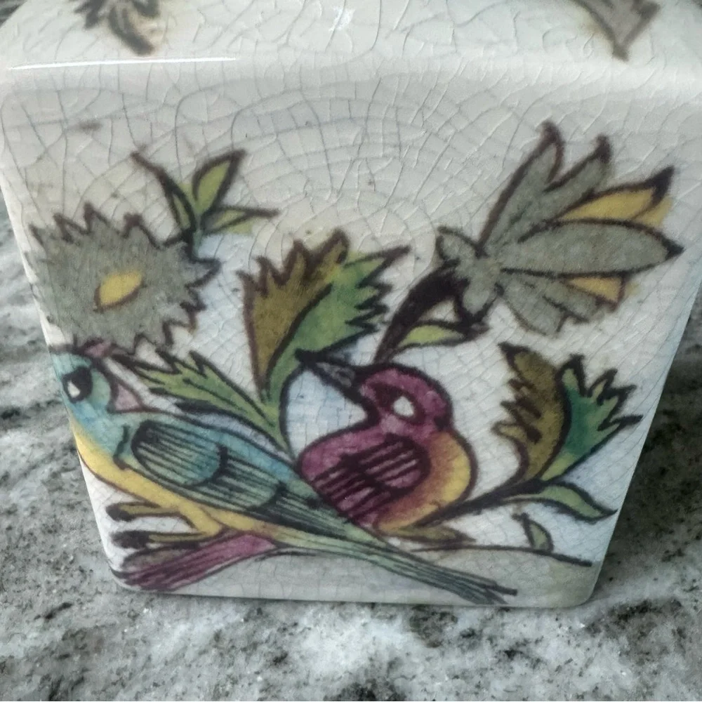 Pottery Barn Ikat Crackled Flower Vase Floral Birds Deer